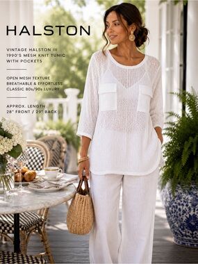 Halston III Vintage White Open Mesh Knit Tunic Top Pockets USA,Coastal, Size L
